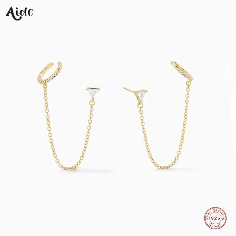 Aide 925 Sterling Silver Clear CZ Zircon Pave Ear Cuffs With Long Chain Tassel Triangle Crystal Piercing Studs For Women JewelryX240913