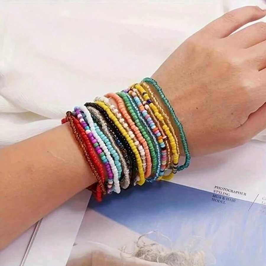 17 pieces/set random Bohemian vacation colored bead stacking bracelet handmade glass bead jewelry W240913