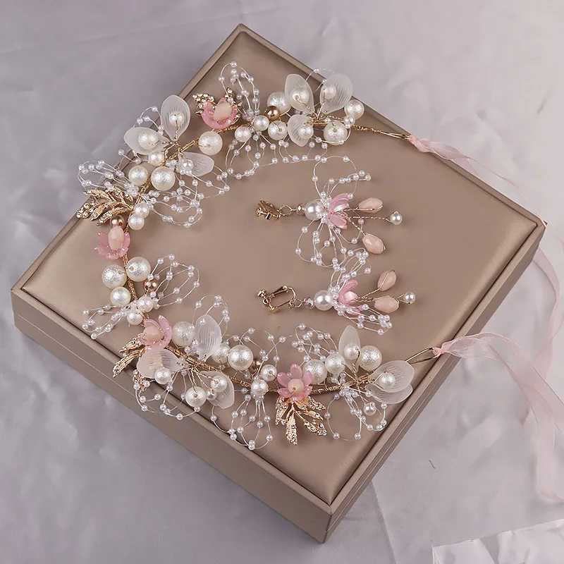 handmade bride hair accessories pink flower wedding headdress crystal headpiece pearl headband for women weddingX240913
