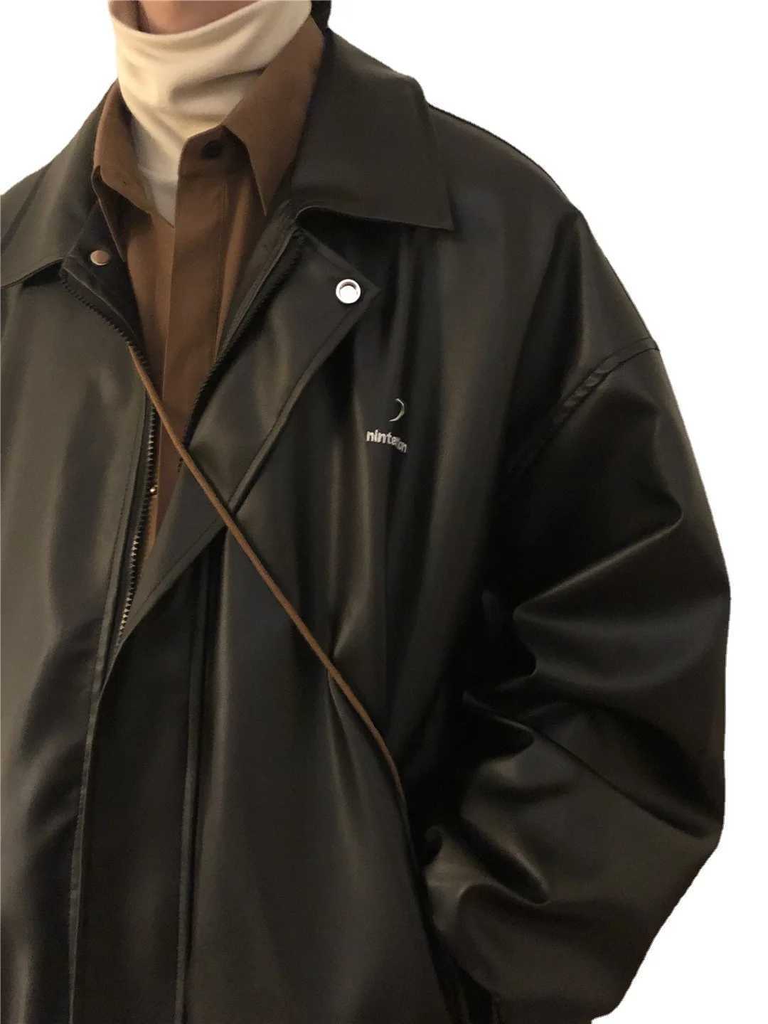 Spring Autumn PU leather jacket mens retro Black motorcycle leather Loose Lapel Streetwear Trendy Male Oversize Coat OutwearX240913