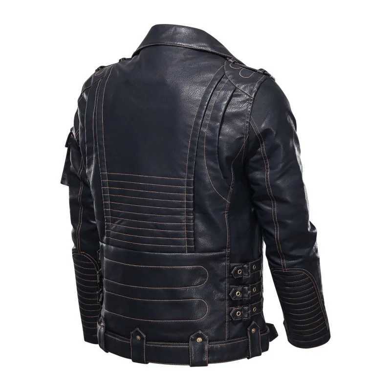 2024 New Mens Motorcycle Multi-Pocket Tough Guy PU Leather Lapel Leather CoatX240913