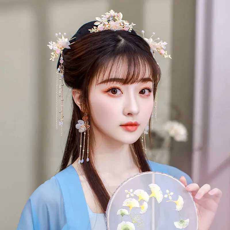 Chinese Hanfu Hair Accessories Set Ancient Hanfu Hair Sticks Tassel Flower Hairpin Haircomb Set Bridal Wedding Hair JewelryX240913
