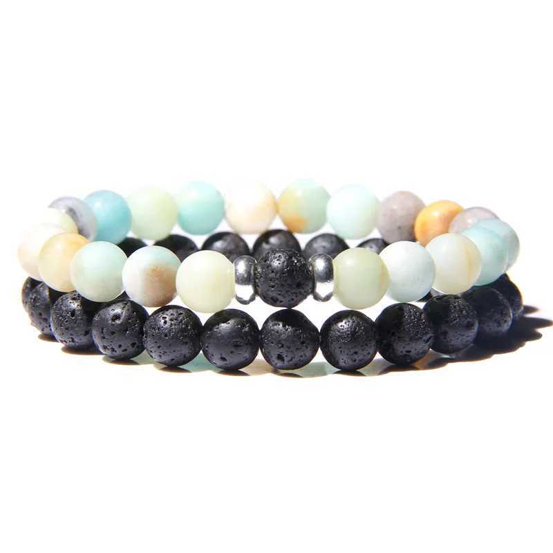 2 pieces/set couple distance bracelet male black lava stone bead bracelet female wooden bead charm bracelet W240913