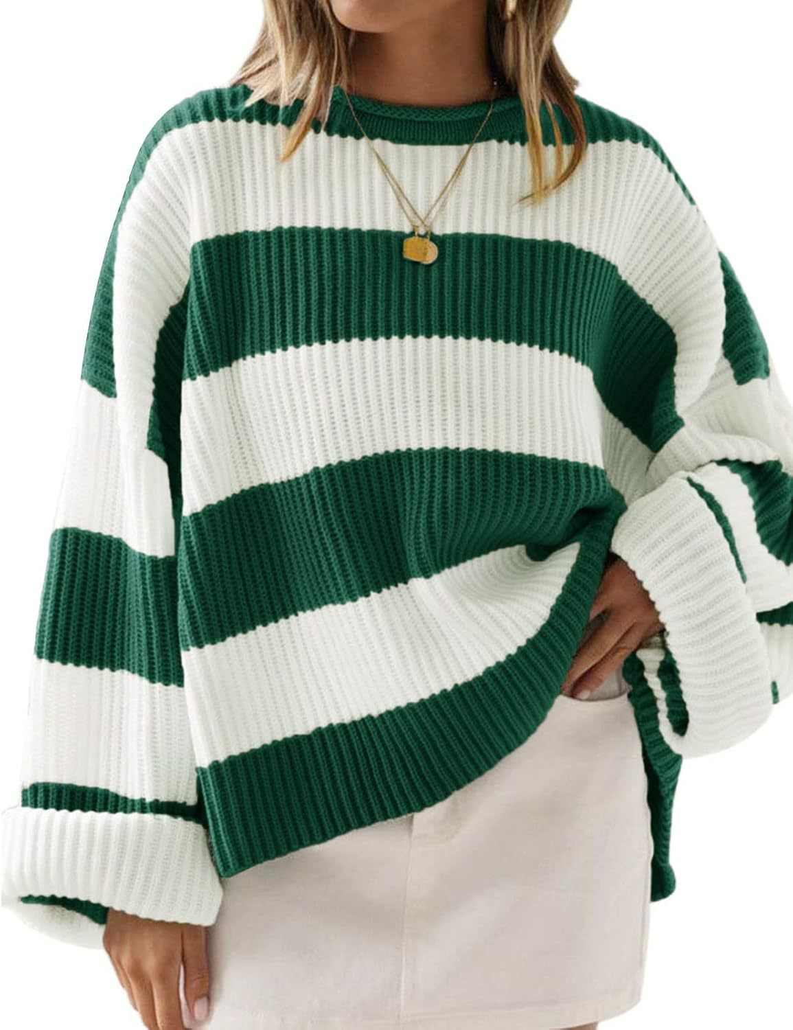 Women's 2024 Fall Long Sleeve Crew Neck Striped Color Block Comfy Loose Oversized Knitted Pullover Sweater