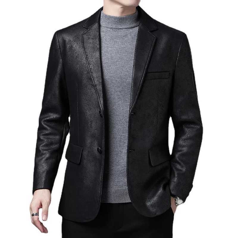 2021 New Men Leather Jackets 2 Button Formal Dress Suits Fashion Man Blazers Black Brown Solid Motorcycle Coat Suede Jacket MaleX240913