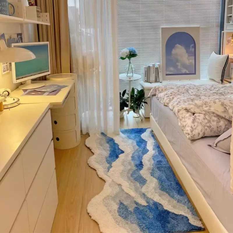 Carpets Aesthetic Wave Rug High-Quality Flocking Antislip Carpet Bathroom Blue Sea Tufted Carpet House Decoration Kid Room Bedside Rug Q240910