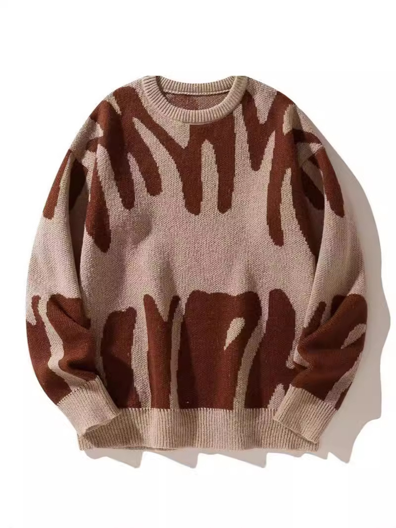 Men's Sweaters Winter Irregular Jacquard Pattern Pullover Sweater Casual Round Neck Contrast Color Knitted Men's Pullover