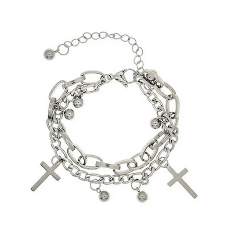 Gothic Hip Hop Metal Cross Pendant Charm Bracelet for Women Female Beads 2 Layering Linked Chain Bracelets Cool Jewelry GiftX240913