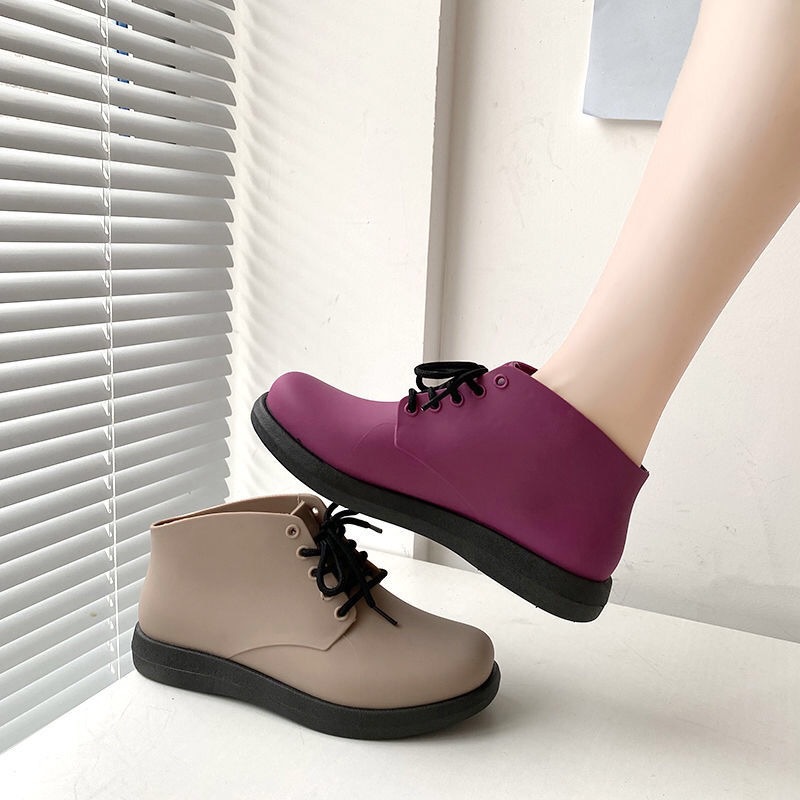 2021Cute Rainshoes Waterproof Non-Slip Rubber Women's Boots Short Tube Korean Lace Up Flat Rain Shoes 2014