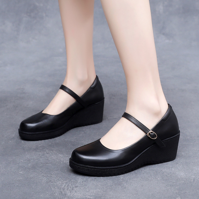 GKTINOO hot Fashion Ankle Strap Wedges Platform Genuine Leather Mary Janes Pumps For Women Casual Black Work Shoes High Heels