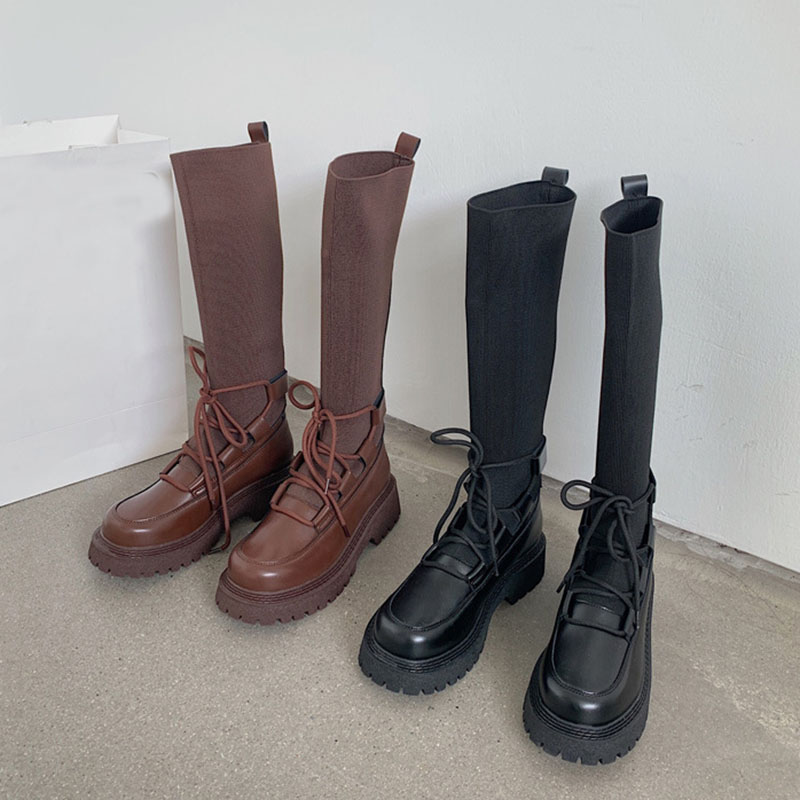 Knitted Stretch sock boots women lace-up long tube riding botas thicken soled stovepipe botte femme slim knee-high botines 2021