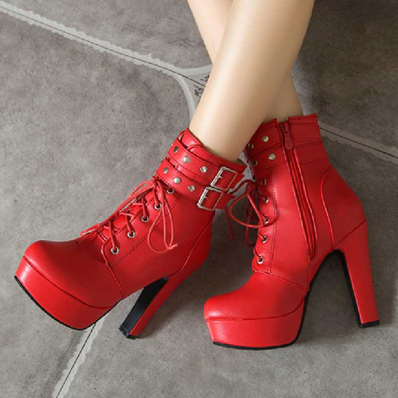 Platform Ankle Lace Up Heels Autumn Winter Short Women Boots Buckle Red Yellow White Sexy Ladies Shoes Large Size 9bd8