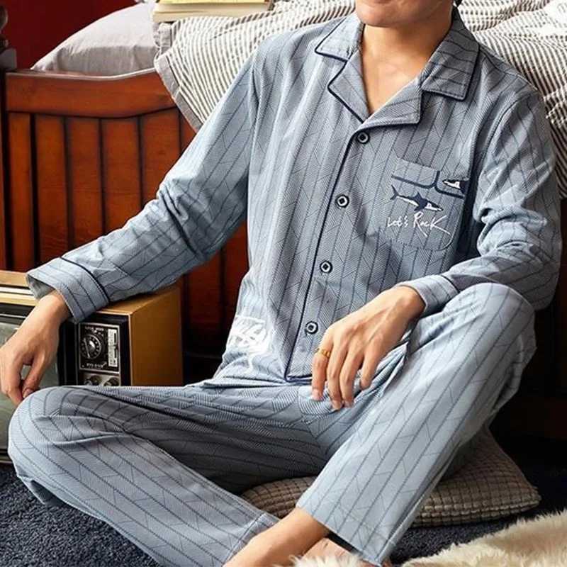 Men Sleepwear Striped Cotton Pajama Sets For Men Short Sleeve Long Pants Sleepwear Pyjama Male Homewear Lounge Wear Clothes Y240913