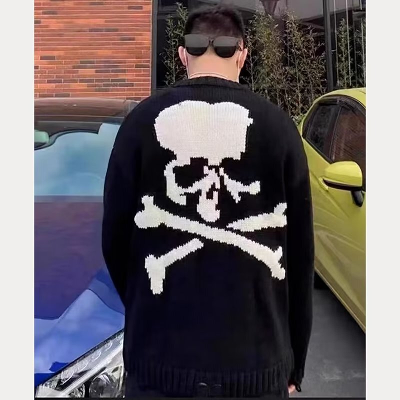 Halloween Men Sweaters 2024 New Skeleton Head American Fashion Knitted Sweater Casual Round Neck Handsome Sweater Mens crew neck sweater