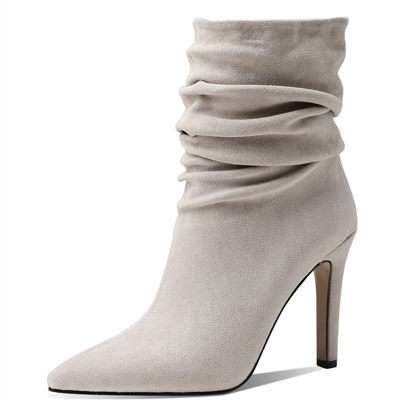Women Suede Pleated Sexy High Heels Ankle 2023 Autumn Winter Fashion Short Boots Female Party Shoes Point Toe bb8d