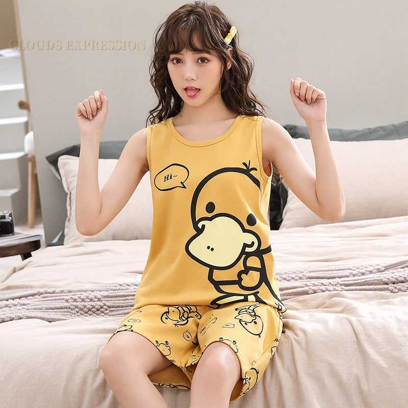 Summer Knitted Cotton Cartoon Duck Mens Pajama Sets Mens Sleep Lounge Sleeveless Shorts Pants Couple Pajamas Fashion Homewear Y240913