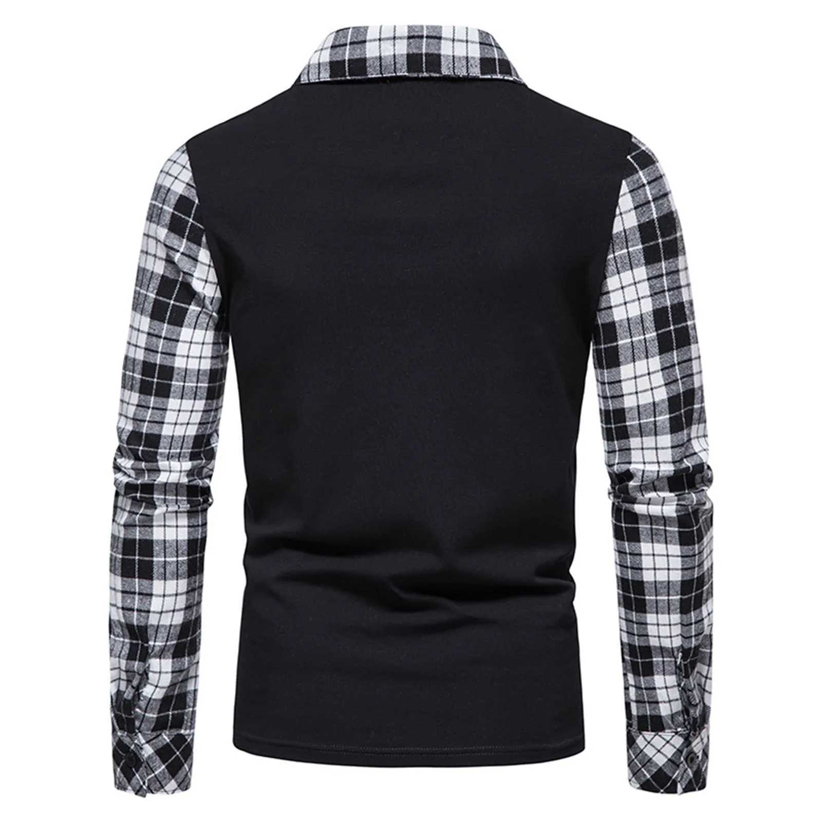 Mens polo shirt zipper long sleeved business zipper top official work plain weave splicing T-shirt mens casual T-shirt W240913