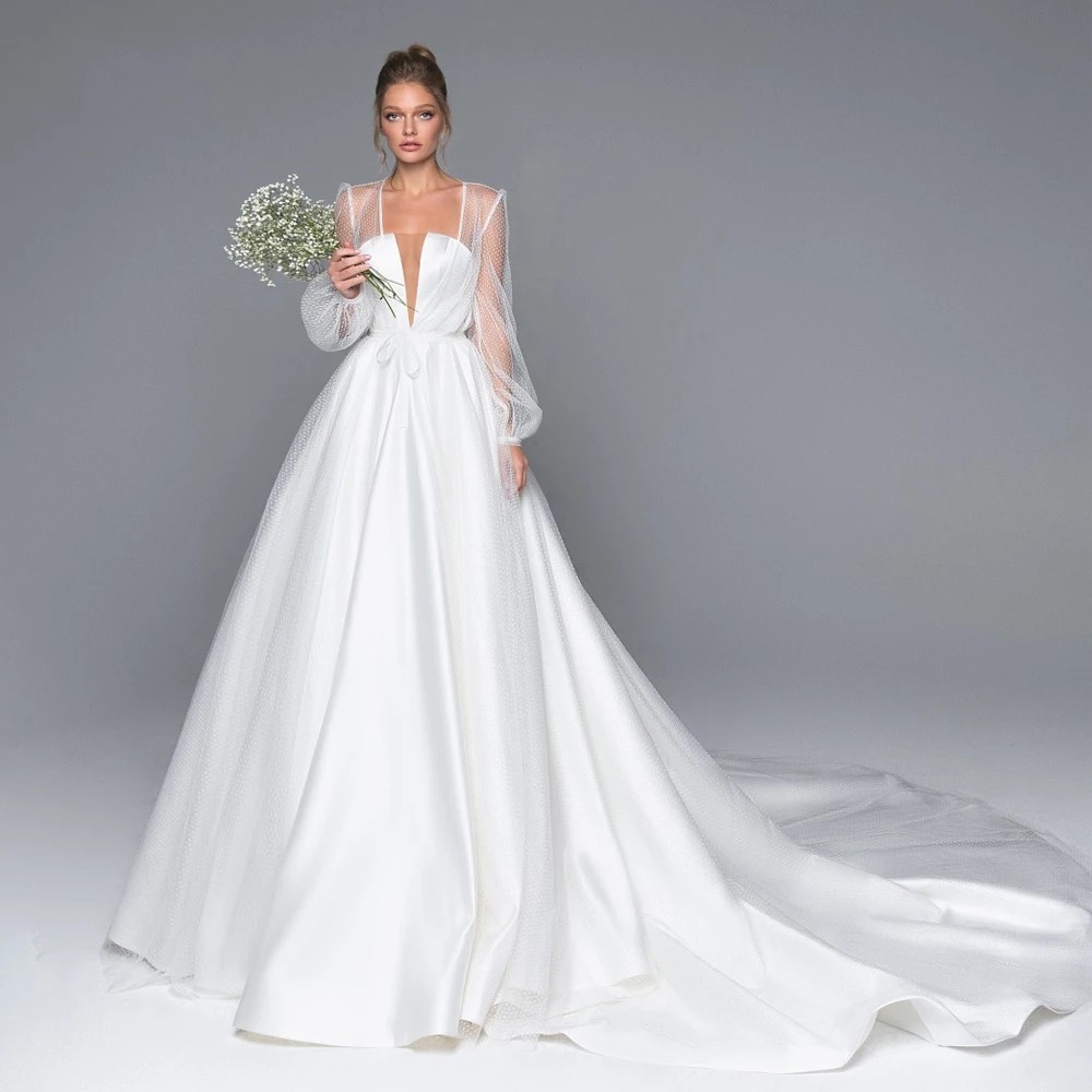 2024 Elegant 2 In 1 A-Line Wedding Dress Illusion Court Train Princess Lace Satin Women Bridal Gowns Plus Size Vestidos De Noiva Custom Made