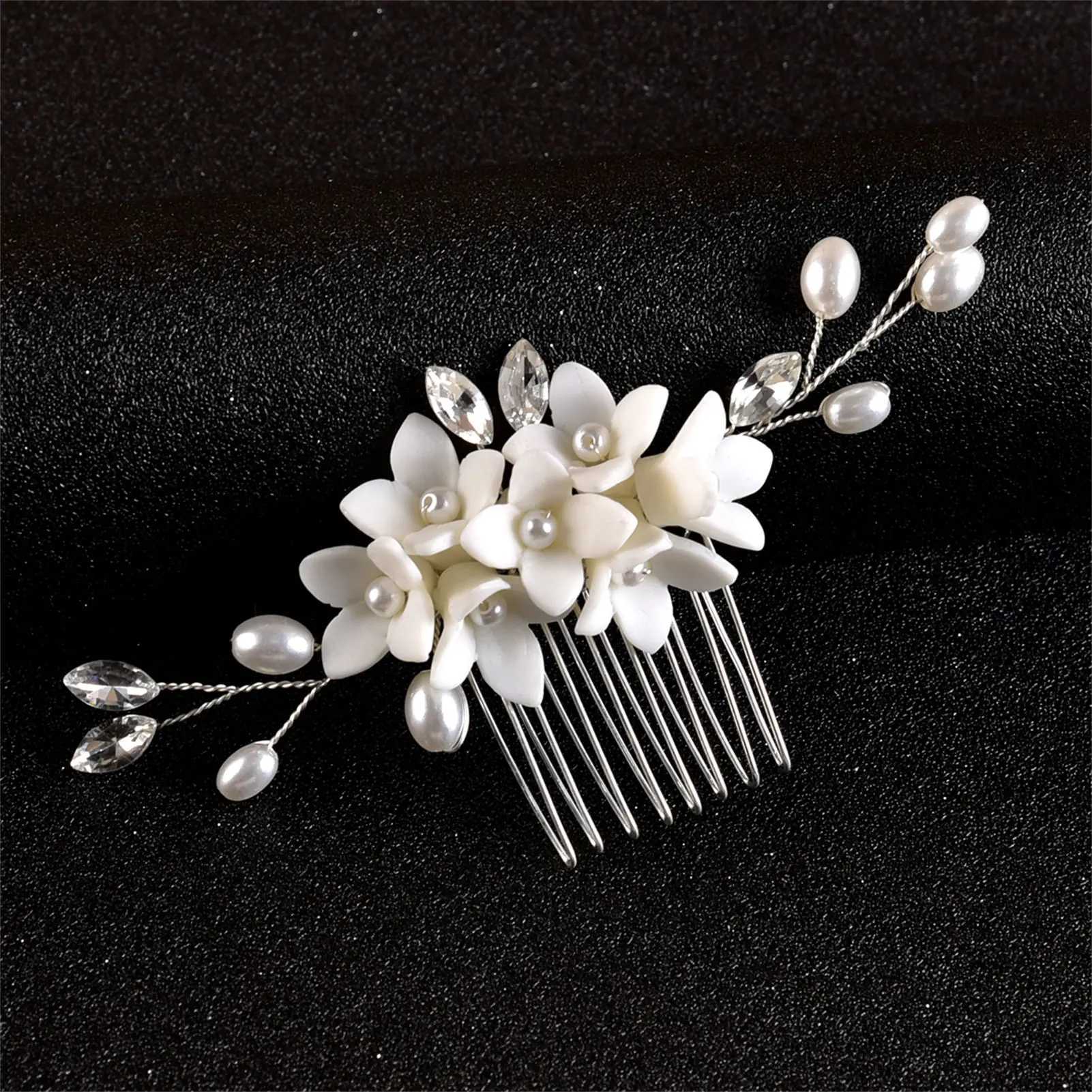 White Ceramics Flower Hair Combs Bride Wedding Hairpins Side Clips Pearl Headpiece Rhinestone Women Hair Jewelry AccessoriesX240913