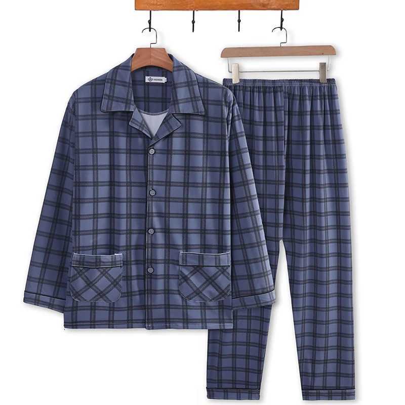 Mens Pajamas Spring Fall and Winter Plaid Printed Long-Sleeved Casual Home Wear Sleepwear 2 Piece Set Big Size Soft Loungewear Y240913