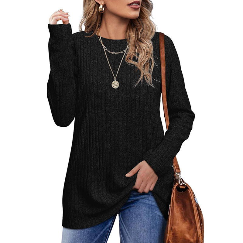 2024 new autumn and winter round neck brushed pit stripe solid color top long sleeved T-shirt for women