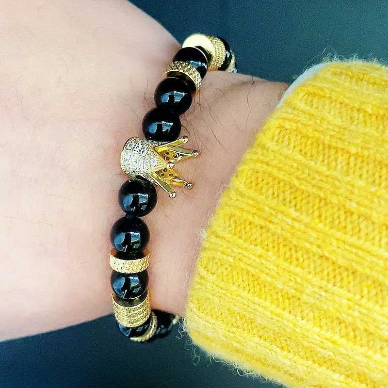 Luxury natural stone bead stainless steel crown charm mens bracelet women handmade jewelry gift W240913