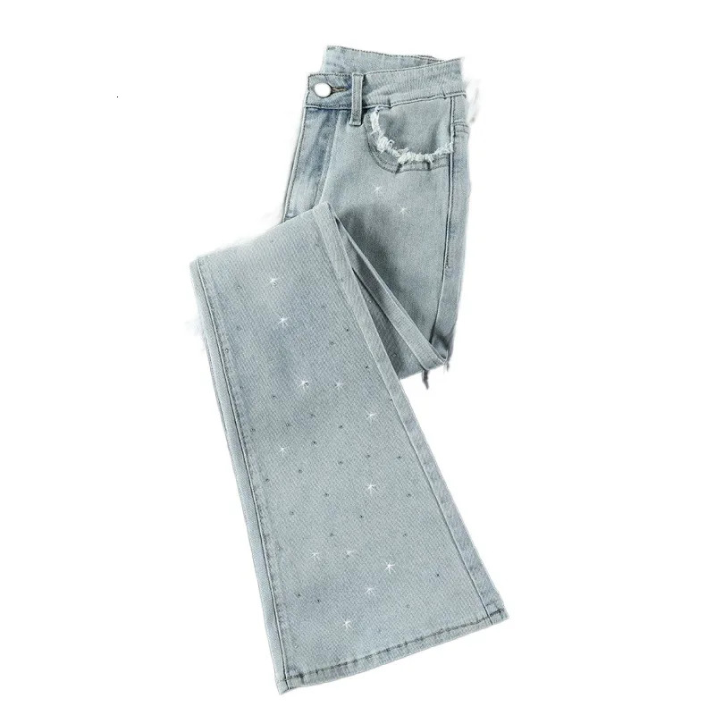 2024 New Summer Thin High-waisted Jeans Women's Bell-bottom Pants Rhinestone Micro-flared Style Light Color Ladies