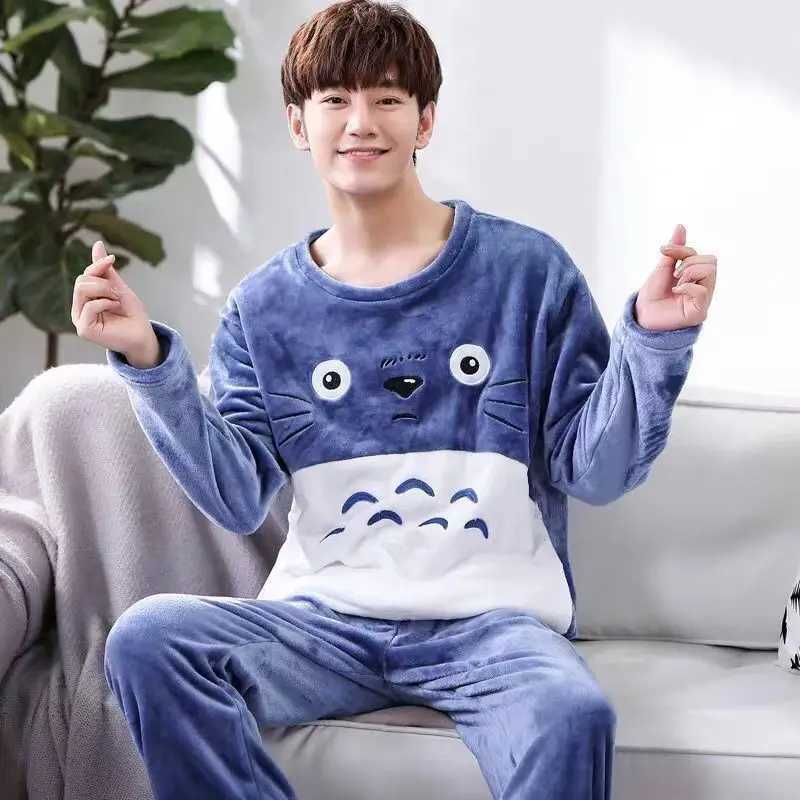 2022 Winter Long Sleeve Thick Warm Flannel Pajama Sets for Men Coral Velvet Cute Cartoon Sleepwear Suit Pyjamas Homewear Clothes Y240913