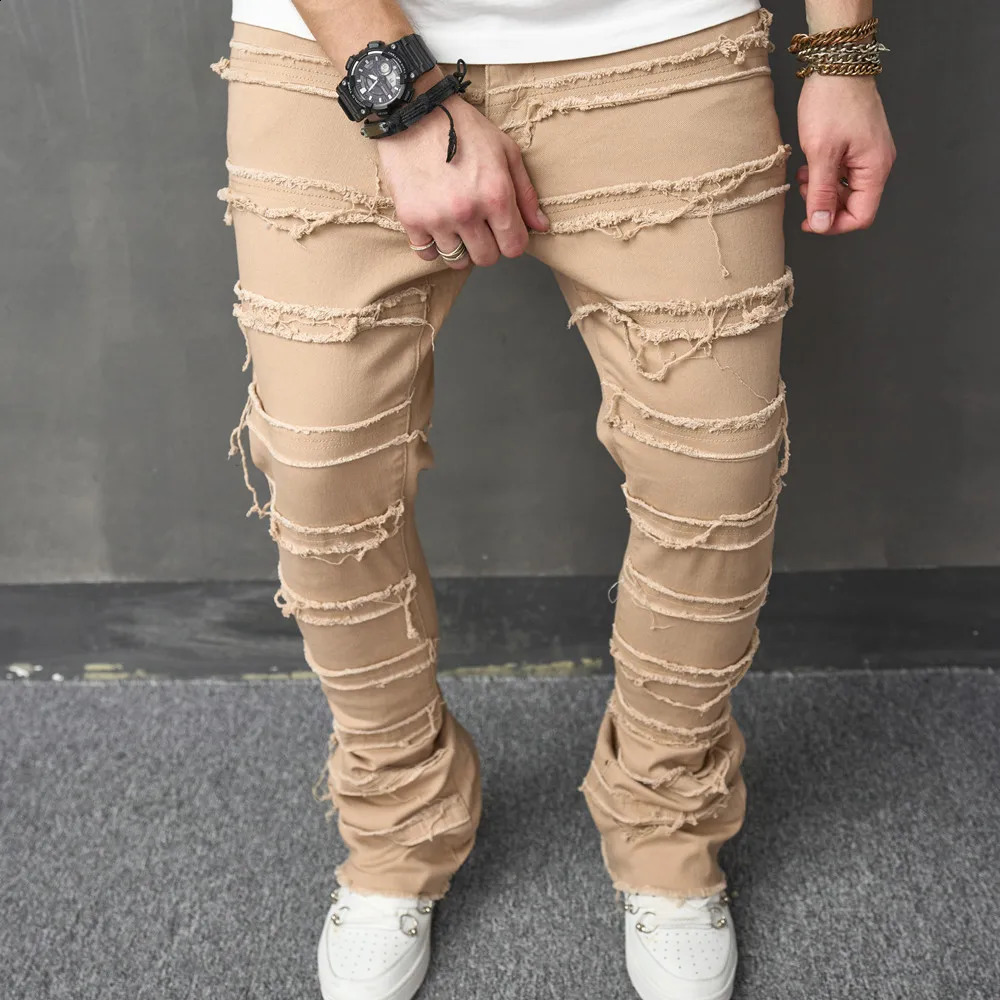 Stylish Men Vintage HipHop Stacked Spliced Distressed Slim Straight Jeans Pants Streetwear Male Ripped Biker Denim Trousers 240912