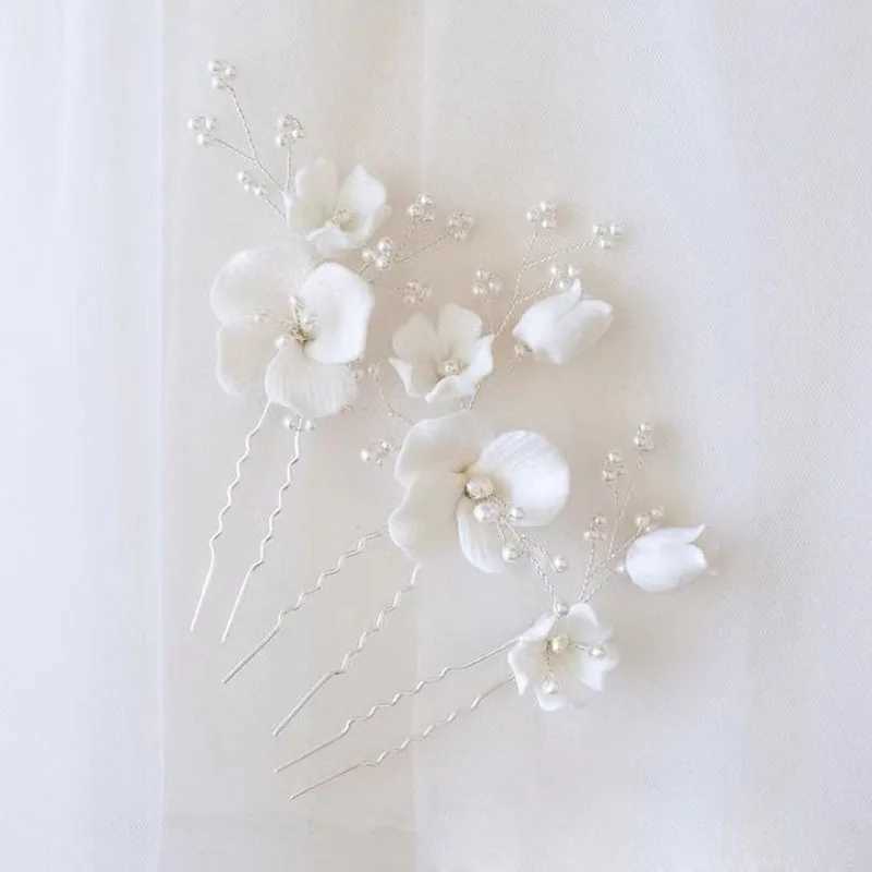 SLBRIDAL Handmade Ins Style Ceramic Flower Pearls Bridal Hair Pin Set Wedding Hair Sticker Hair Accessories Women Hair JewelryX240913