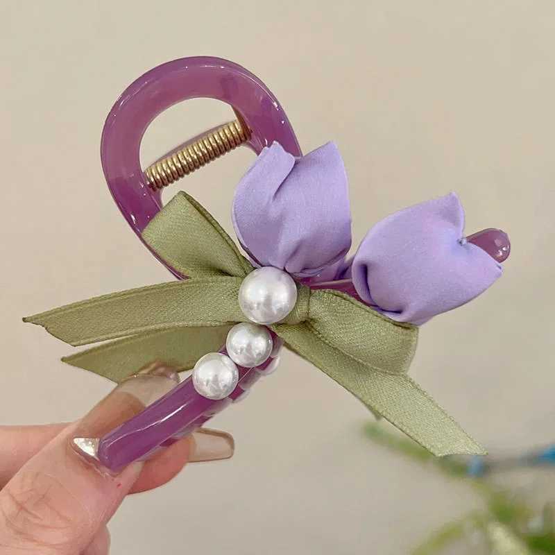Exquisite Summer Hair Claw with Tulip Flowers and Pearls Gentle and Sweet Hair Accessory Luxurious bowknot butterfly claw clipsX240912