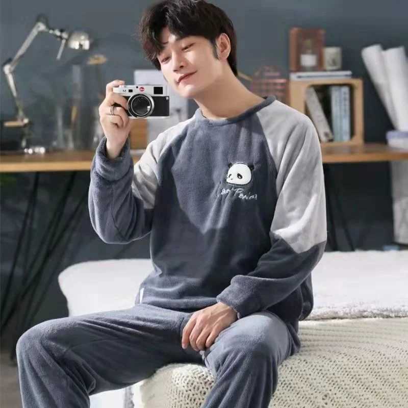 Autumn And Winter 2-Piece Set Of Mens Coral Fleece Pajamas Long-Sleeved Long Trousers Boys Winter Thickened And Padded Mens Au Y240913
