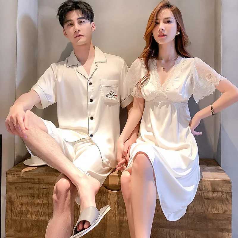 Couples Satin Silk Nightwear Plus Size Mens Short Sleep Sleeves Sleep Tops Shorts Pajamas Set Women Nightdress Home Clothes Y240913