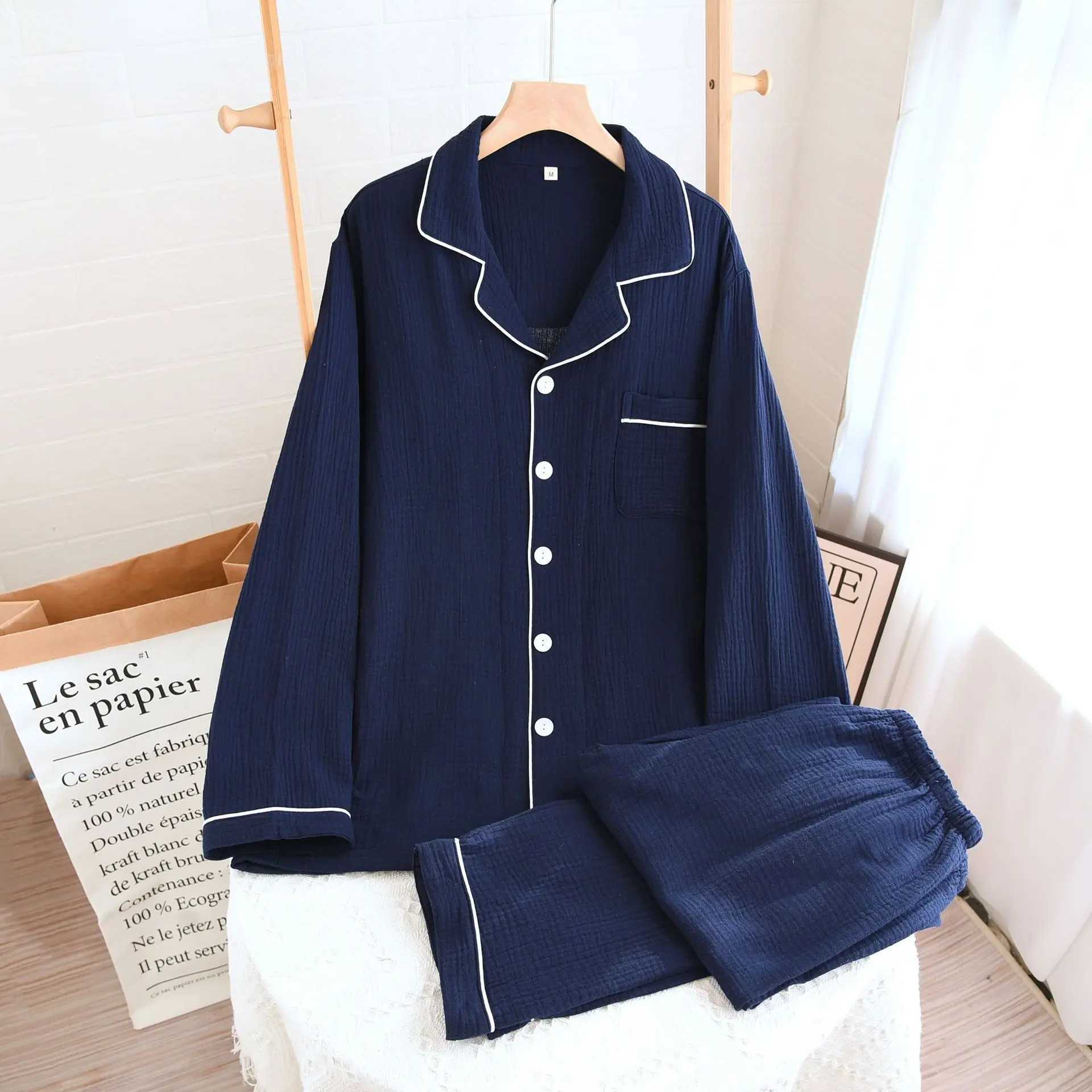 Mens Pajamas Cotton Double Gauze Loungewear Soft Long Sleeves Trousers Plus Size Solid Sleepwear Pocket White Edge Pajama Set Y240913