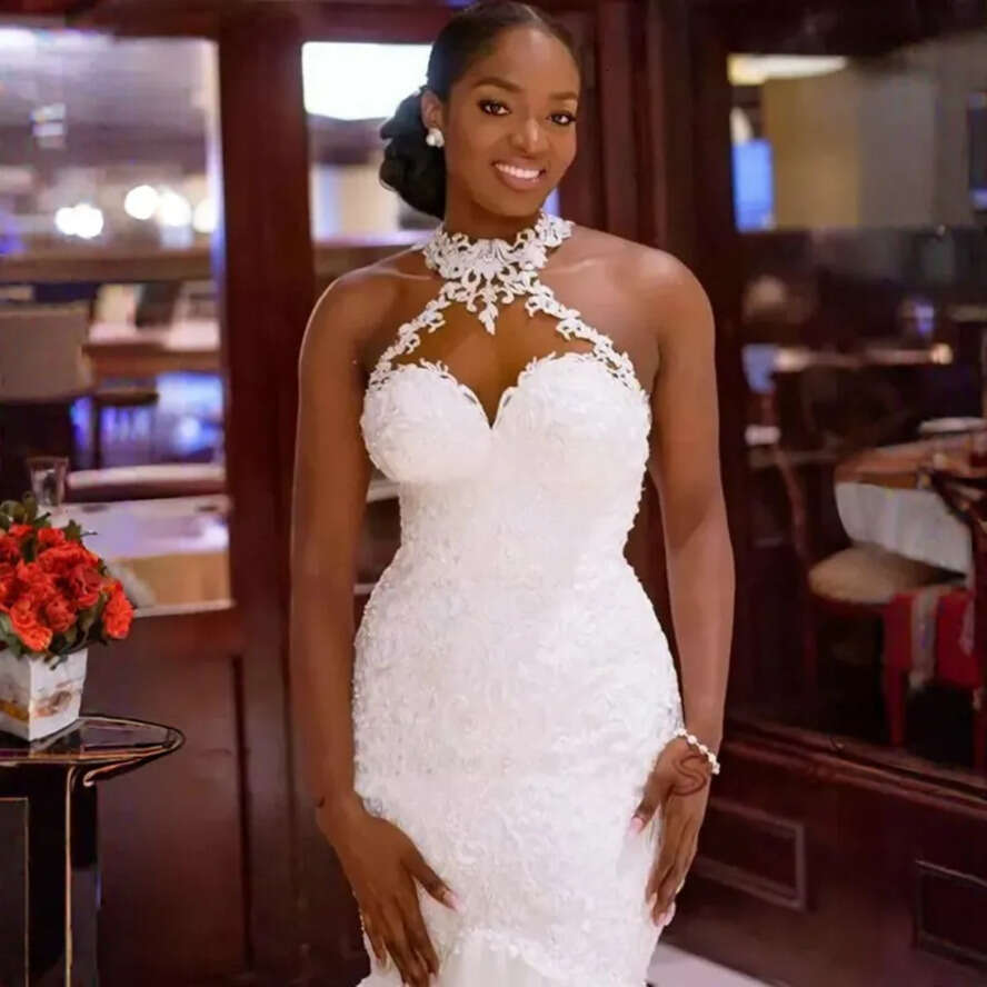 Wedding Country Style Mermaid Dre Halter Appliqued Lace Elegant Bridal Dree Beach Fulllace Tulle Bride Chapel Plu Size Gown For Black Women Cdw E