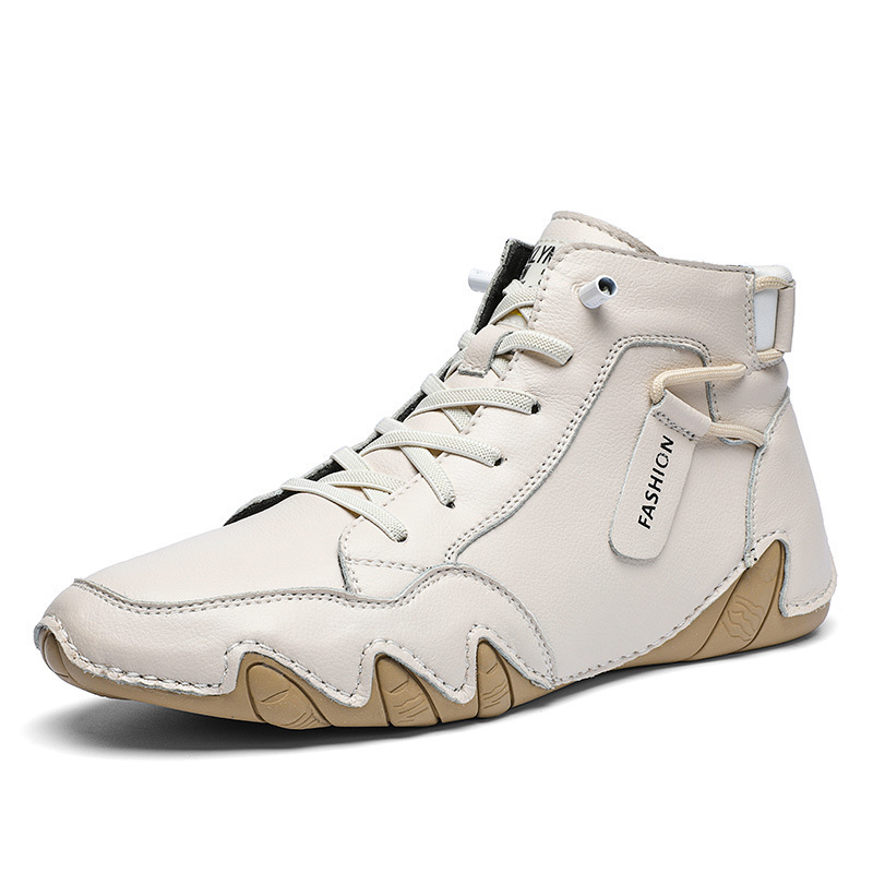 Winter plush casual leather boots, men's high top warm bean shoes, fashionable octopus sole sleeve cotton shoes