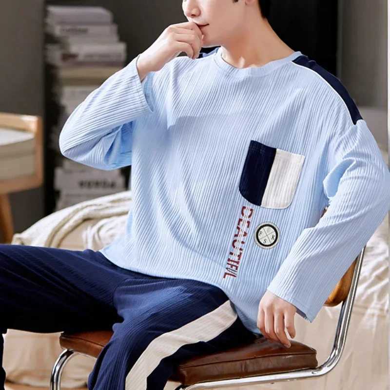 Spring 3XL Knitted Pjs Long Sleeved Mens Pajamas Sets Male Pajama Plaid Pajama For Masculine Sleepwear Suits Homewear Fashion Y240913