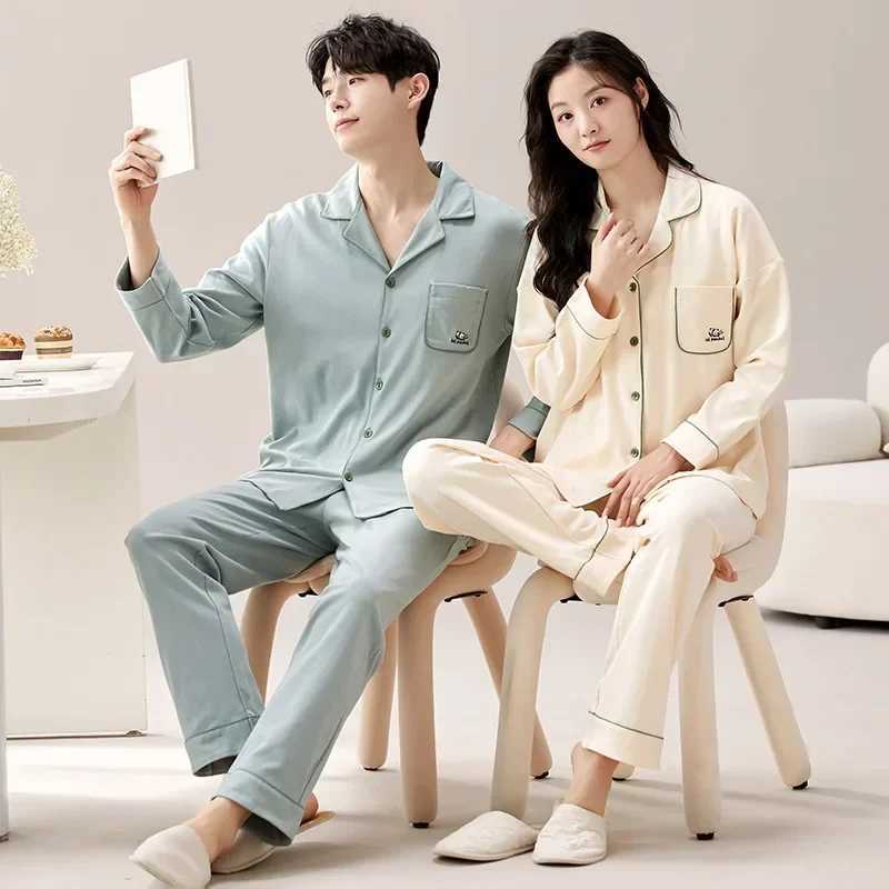 Autumn Cotton Pajama Set Solid Home Clothes For Couples Men Women Long Sleeve Bedwear Cardigan Sleepwear Female Male Pjs Pyjamas Y240913