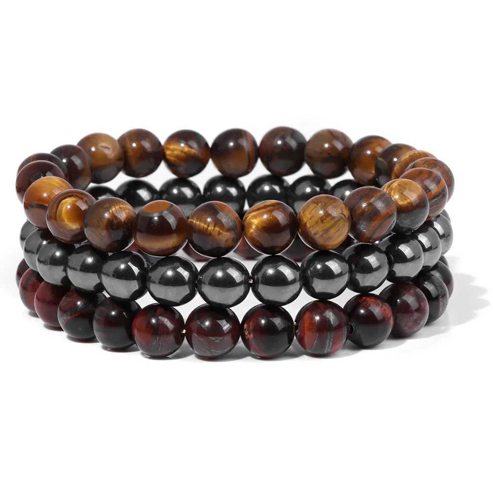 Retro Mens Stone Bracelet 3Pcs Natural Holite Lava Tiger Eye Hematite Bead Elastic Bracelet Set Treatment Energy Jewelry Gift W240913