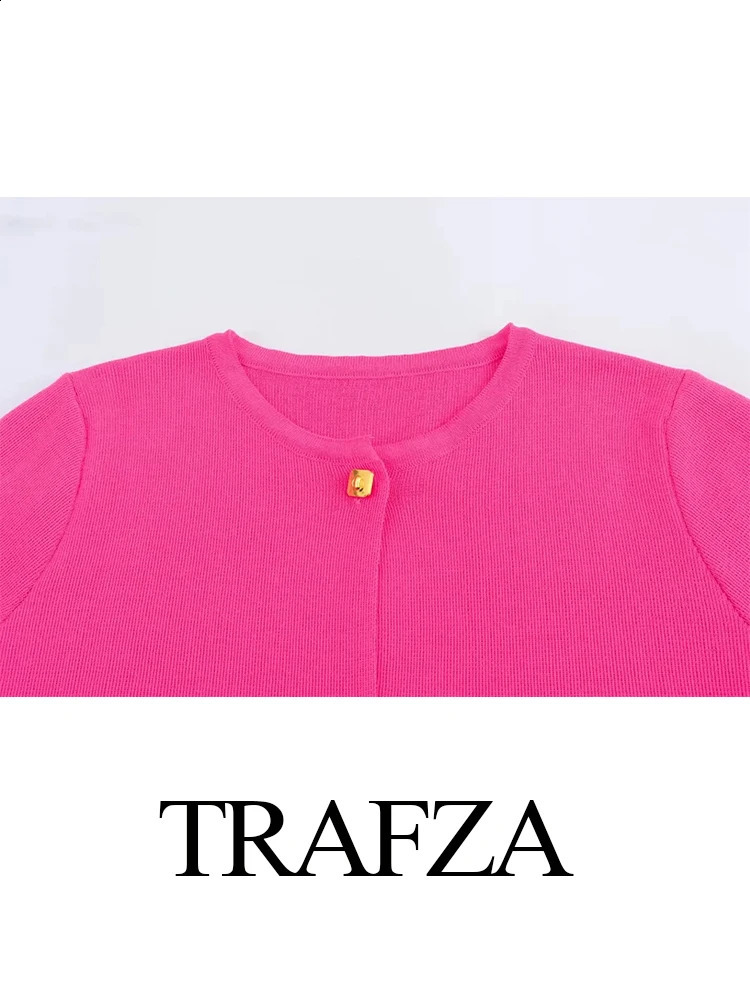 TRAFZA 2024 Women Thin Knitted Short Top Casual Solid ONeck Sleeves Single Button Sweater Cardigan Jacket Outwear 240910
