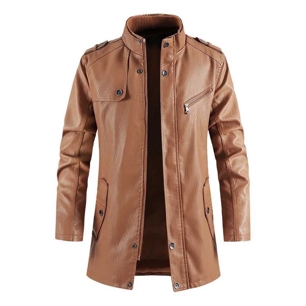 New Winter Long PU Leather Jackets Men Stand Collar Windbreaker Faux Outerwear Motorcycle Casual Warm Leather Coats Man ClothingX240913