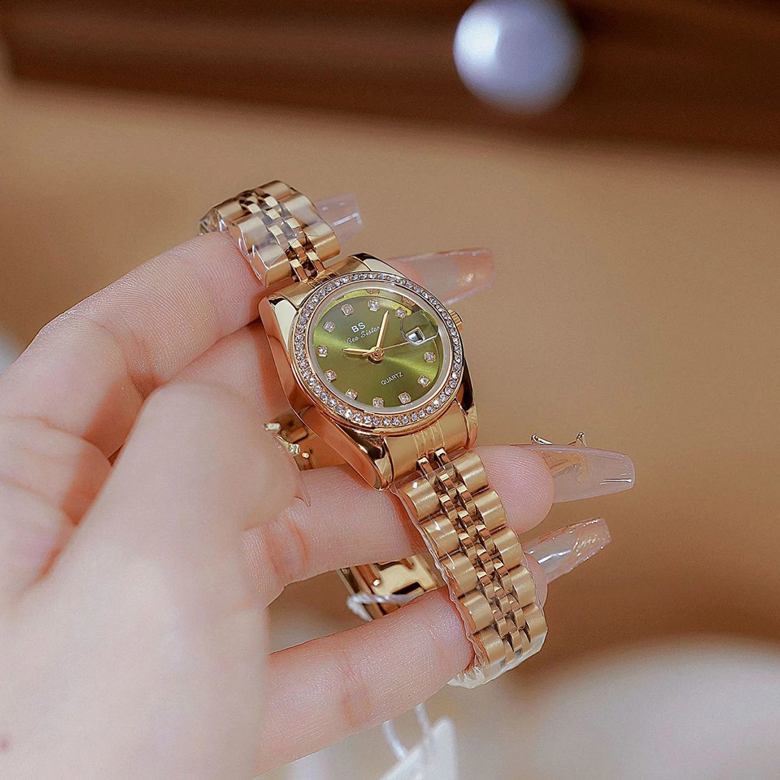 Original womens watch pink dial gold date quartz vintage elegance stainless steel gift 240912