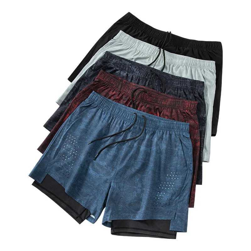 2 in 1 Marathon Running Shorts Quick Dry Long Distance Running Training Sports Print Men Shorts Gym Summer With Waist bag M240912