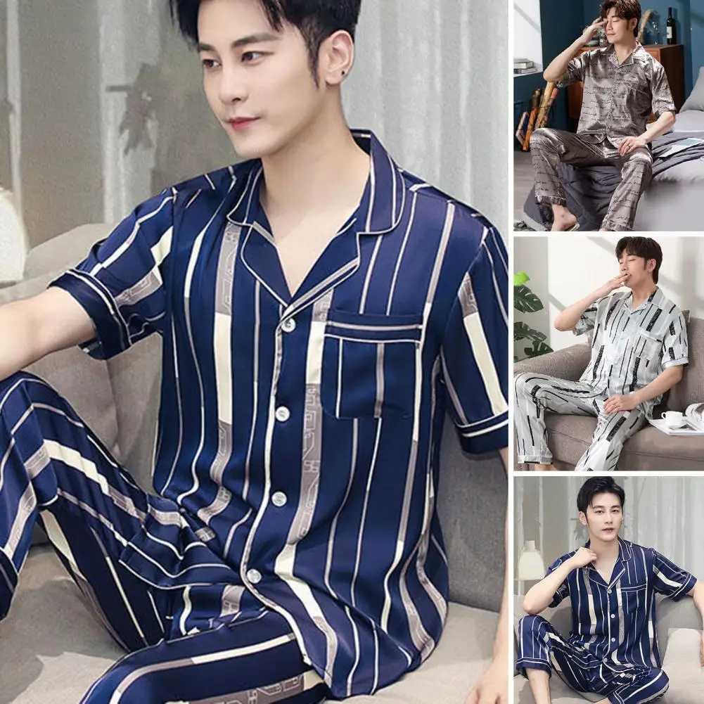 2 Pcs/Set Short Sleeves Men Summer Pajamas Letter Print Loose Striped Men Night Clothes Ice Silk Turn-down Collar Men Homewear Y240913
