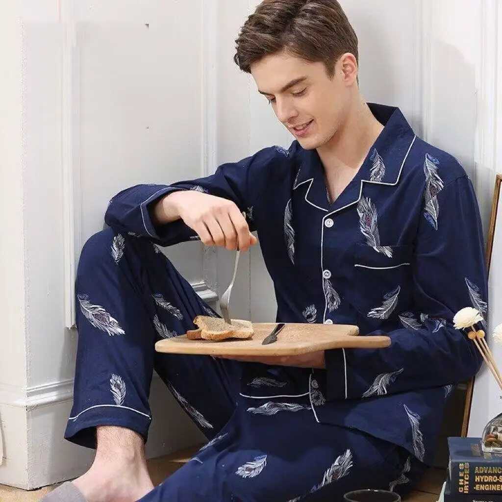 Spring And Summer Cotton Mens Pajamas Long-Sleeved Trousers Boys Pajamas Suit Teenagers Casual Homewear Suit Y240913