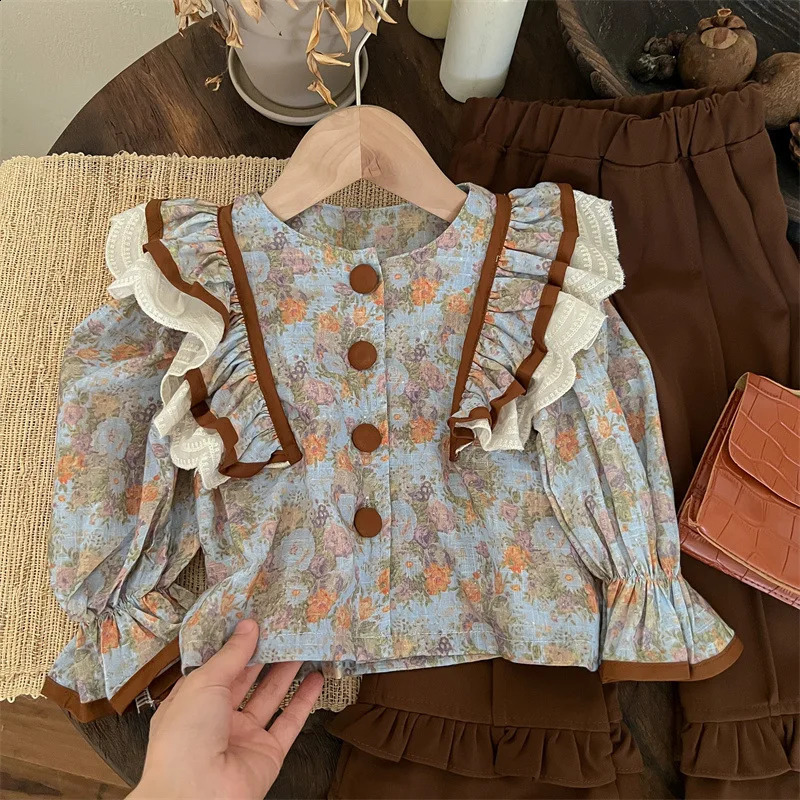 Fashion Kids Clothes Babay Girls Cute Floral Shirt Bell Bottoms Vintage Suit French Style Toddler Girl 2 Piece Sets Outfits 240902