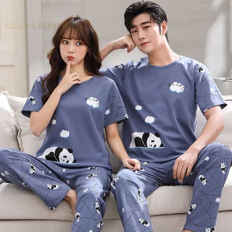 Summer Big 4XL Couple Pijama Knited Cotton Matching Pajamas Sets Long Pant Sleepwear Pyjamas Night Suits Pijamas Size Homewear Y240913