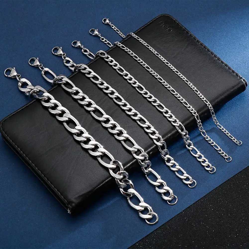 3/4/5/6/7/11mm Width Classic Simple Trendy Figaro Chain Bracelet Male Stainless Steel Wholesale JewelryX240913