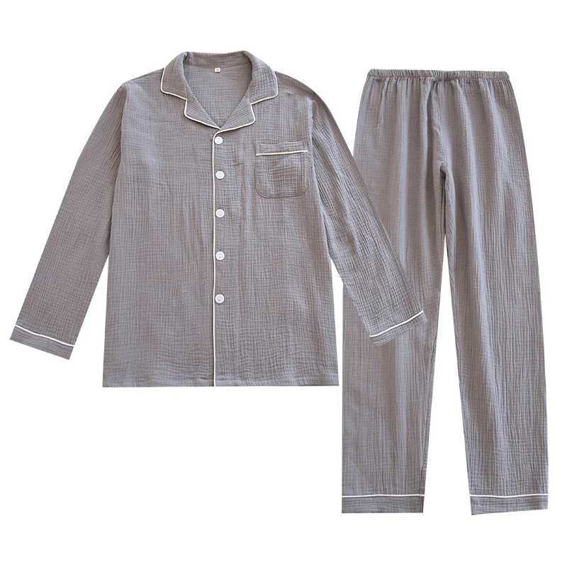 Mens Pajamas Cotton Double Gauze Loungewear Soft Long Sleeves Trousers Plus Size Solid Sleepwear Pocket White Edge Pajama Set Y240913