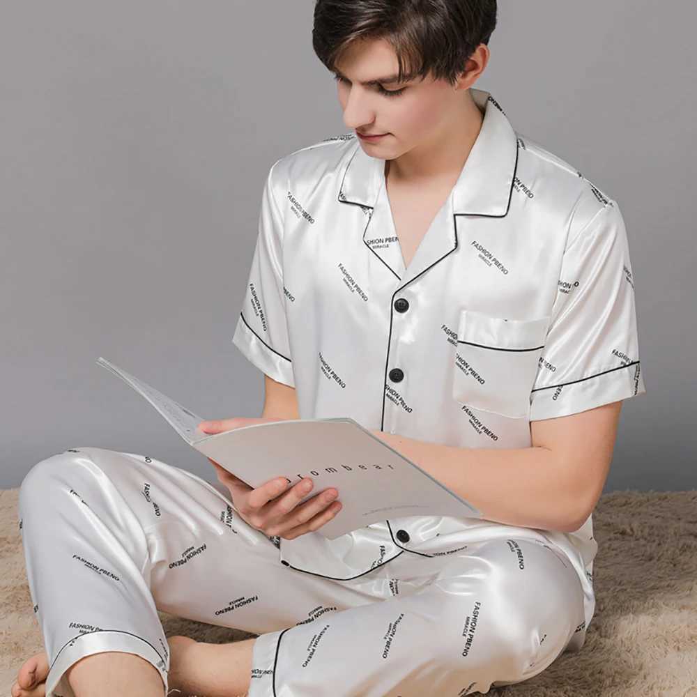 Summer Thin Men Pajama Sets Fashion Print Ice Silk Pajamas Plus Size Mens Sets Casual Sleepwear Pijama+Long Pants Pyjama Sets Y240913